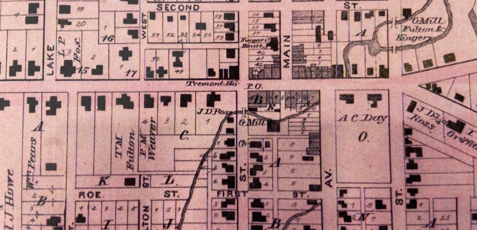 Historic downtown Buchanan map showing Front Street, Main Street, the mill race and the creek