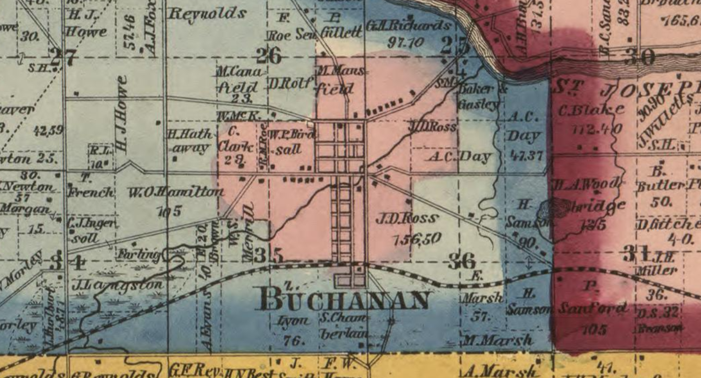 Detail of the 1873 township map showing Buchanan and surrounding landowners